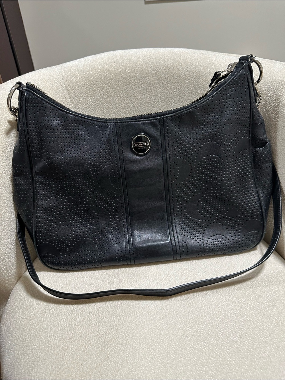 Coach House Check Black Perforated Leather Shoulder Bag Y2K